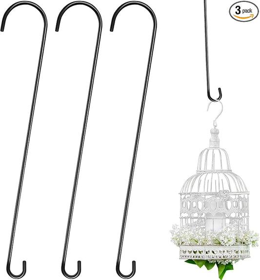 3 Pack 36 Inch Large S Hooks for Hanging Plants Black Metal Plant Hanger Long Tree Hooks Plant Hooks Outdoor Hanging Hooks for Tree Branch, Bird Feeder, Basket, Lantern Indoor Closet Garden