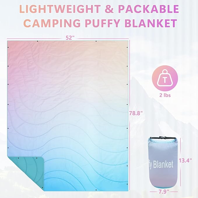 Outdoor Camping Blanket,Lightweight Down Alternative Puffy Camping Blankets Packable Waterproof Picnic Blanket Top Quilt for Sleeping Travel Stadium Hiking Cold Weather 55"x78.8"