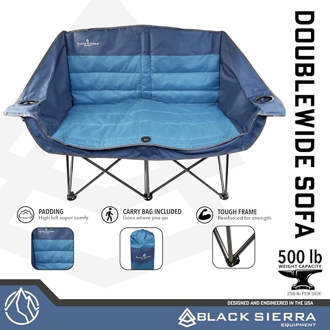 Black Sierra Double Padded Folding Camping Chair, Oversized Folding Camp Sofa, Portable Outdoor Loveseat Supports 500 lbs, Perfect for Beach, Tailgating, RV, Sports, Patio