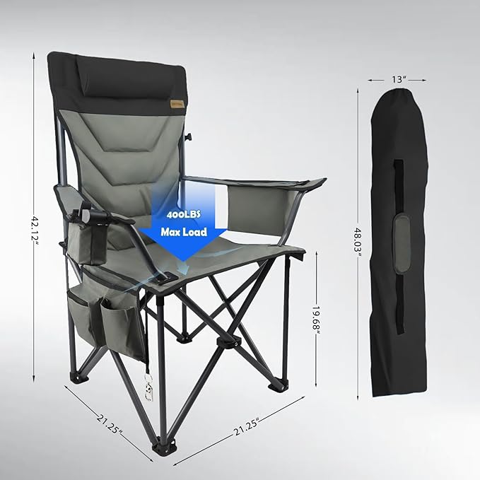 Outdoor Folding Camping Chair-Oversize Camping Chairs for Adults,Support 400lbs with Pillows & Cup Holders & Cooler Bags - Heavy Duty Collapsible Chairs for Sports Garden Beach Fishin(Blackgray)