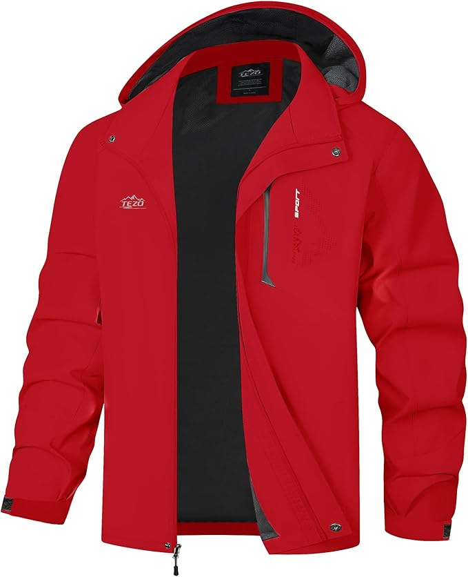 TEZO Mens Rain Jacket Waterproof with Hooded Hiking Coat Lightweight Windbreaker