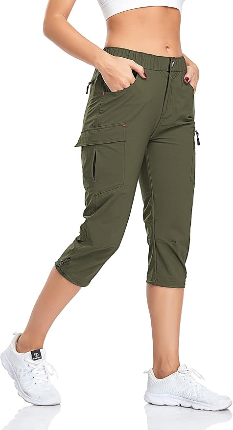 GymBrave Women's Hiking Cargo Pants Quick Dry Outdoor Camping Capris Water Resistant UPF 50 with Zipper Pockets