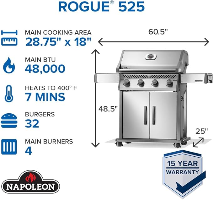 Napoleon Rogue 525 Natural Gas Grill, Stainless Steel, Durable 4-Burner Gas Grill