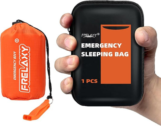 Frelaxy Emergency Sleeping Bag 1-Pack/2-Pack, Extra-Thick Compact Survival Bivy with Whistle, Storage Pouch, and EVA case, Perfect for Survival Kits (Orange - 1 Pack)