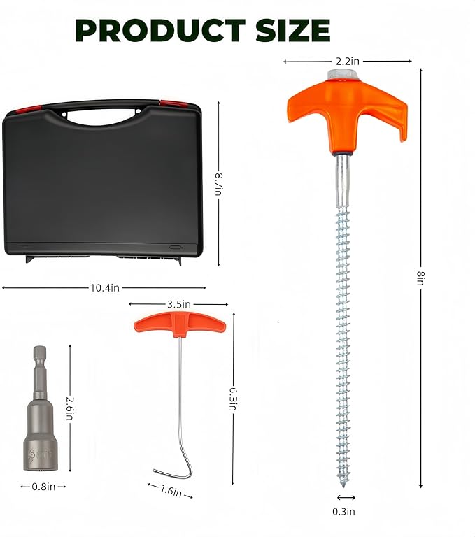 20 Pack 8" Screw in Tent Stakes Heavy Duty, Glow in The Dark Metal Stakes with Hex Head Driver, Ground Anchors for Camping, Patio, Awning, Canopy, and Windy Conditions
