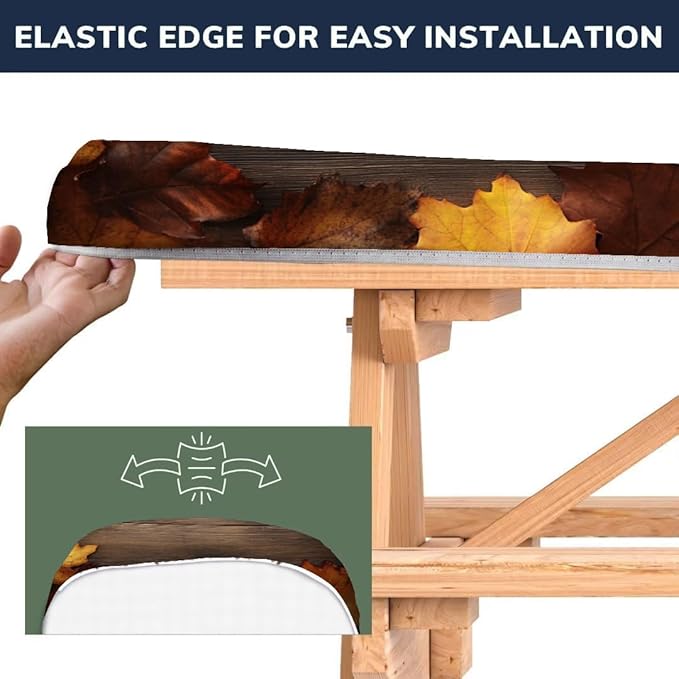 CAPSCEOLL Fitted Picnic Table Cover with Bench Covers with Elastic 8Ft Waterproof Camping Picnic Table Cover Cloths for Outdoors Camping Tablecloth with Drawstring Bag, 96X30in, Brown Wood