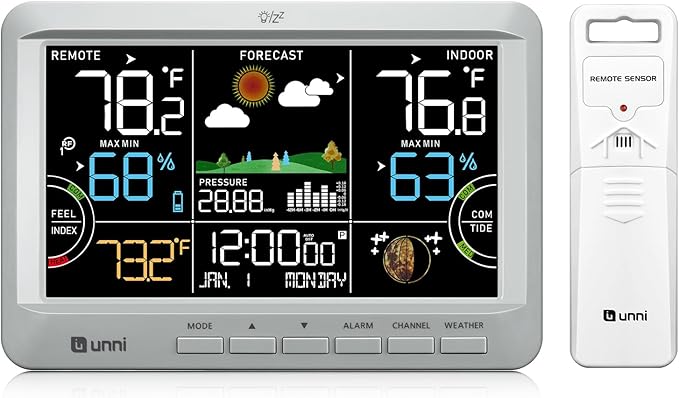 Weather Station Wireless Indoor Outdoor Thermometer with Heat Dew Mold, Thermometer Inside Outside with Calendar and 3 Adjustable Backlight Grey