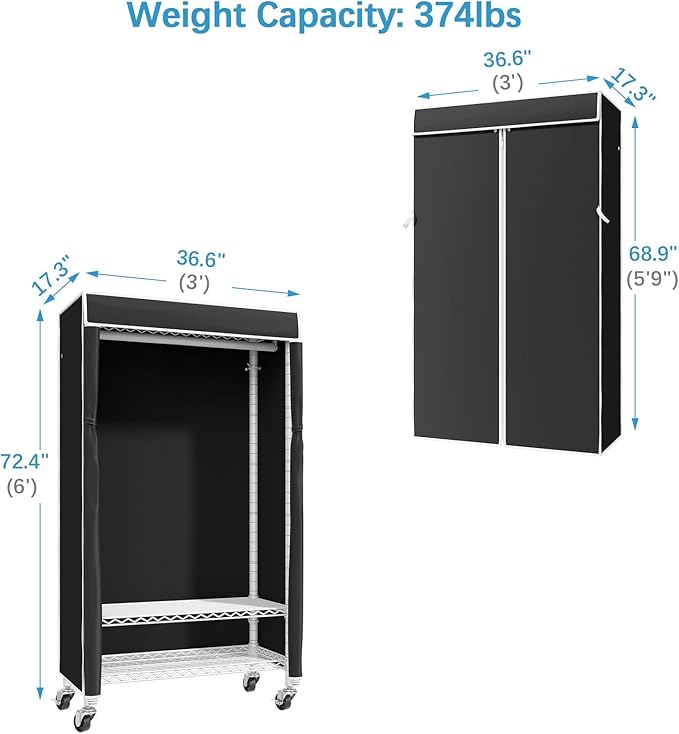 VIPEK R3C Rolling Clothes Rack with Cover Portable Closet for Hanging Clothes, Heavy Duty Garment Rack Freestanding Clothing Racks with Wheels& Hanging Rod, White Closet Racks with Black Cover