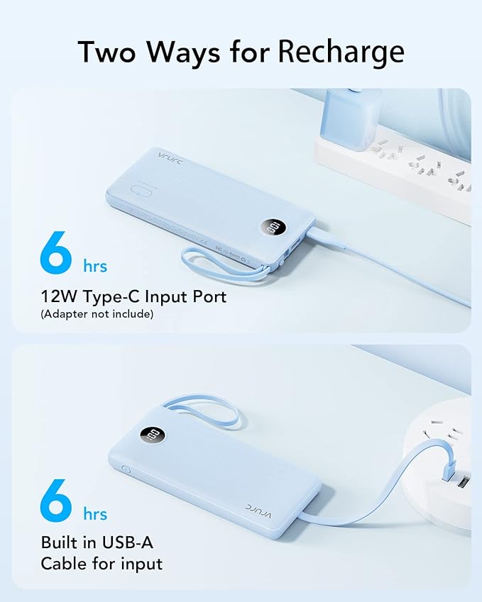 VRURC 10000mAh Power Bank Built-in Cables, Portable Charger with LED Display, Slim Travel Battery Pack with Cords, 5 Output Dual Input Phone Charger for Cell Phone Smart Devcies-Blue(1 Pack)