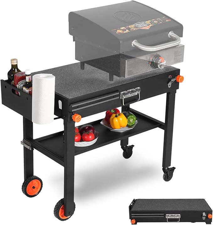 Portable Outdoor Grill Table, Folding Grill Cart Solid and Sturdy, Blackstone Griddle Stand Large Space, Blackstone Table with Paper Towel Holder, Grill Stand for Blackstones Griddle, Ninja Grills etc
