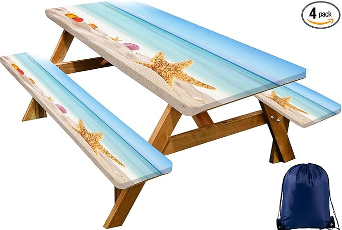 CAPSCEOLL Picnic Table Cover with Bench Covers 8Ft Waterproof Camping Tablecloth All-Weather Outdoor Table Protector with Drawstring Bag for Camping Essentials, 96X30In, Sea Beach