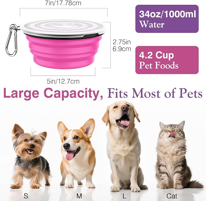 Pawaboo Collapsible Dog Bowls 2 Pack, Silicone Feeding Watering Bowls with Lids & Carabiners for Dogs Cats, Portable Water Feeder Food Bowl for Walking Traveling Home Use, 1000ml, Pink + Purple