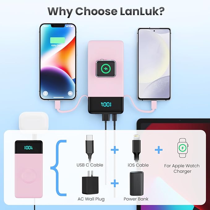 Portable Charger for iPhone with Built in Cables & Wall Plug,6-in-1 10800mah Power Bank with iWatch Charger,22.5W PD Fast Charging LCD Display Battery Pack for iPhone 16/15,Android,Apple Watch-Pink