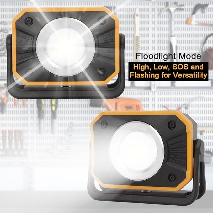 Sunzone Rechargeable LED Work Light,Portable Flood Light with Magnetic Base,Super Bright Waterproof Job Site Lighting for Camping,Hiking,Car Inspection with Emergency Mode(2 Pack)