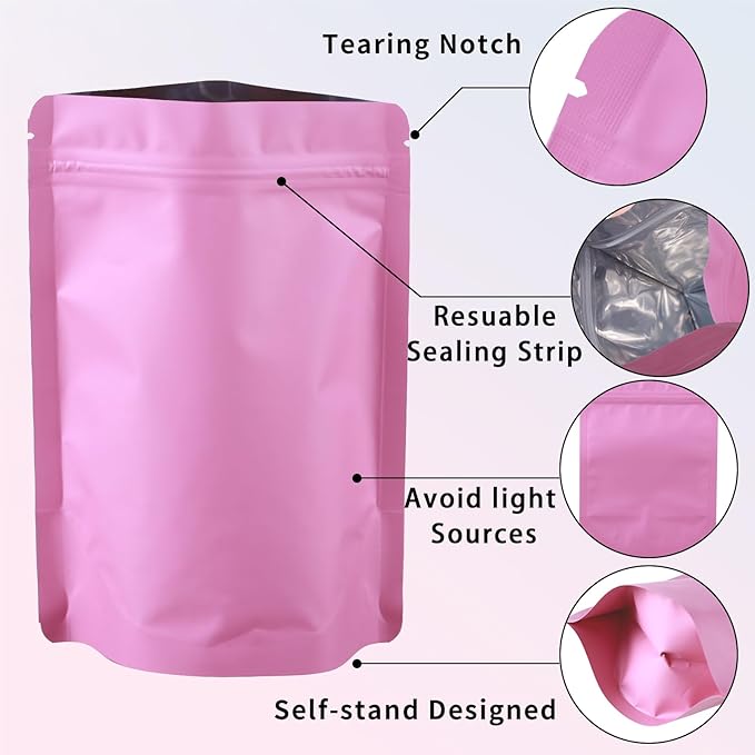 200 Pcs Mylar Bags for Food Storage 4x6 Smell Proof Bag Stand Up, Foil Resealable Bags for Food, Freeze Dried Candy Packaging Sealable Pouch Jewelry Bracelet Pouch for Small Business, Pink