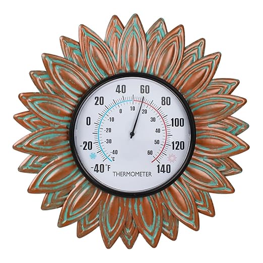 Sunflower Outdoor Thermometers, No Need Battery Indoor Themometer, 12" Metal Wall Thermometer with Large Number Easy to Read for Patio Room Decor