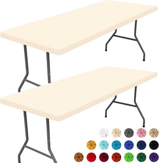 Spandex Picnic Table Cloth 2 Pack, Elastic Fitted Tablecloths for 6 Foot Rectangle Tables, Stretch Washable Patio Table Cover for Outdoor, Camping, Banquet and Parties (Champagne, 30"x72")