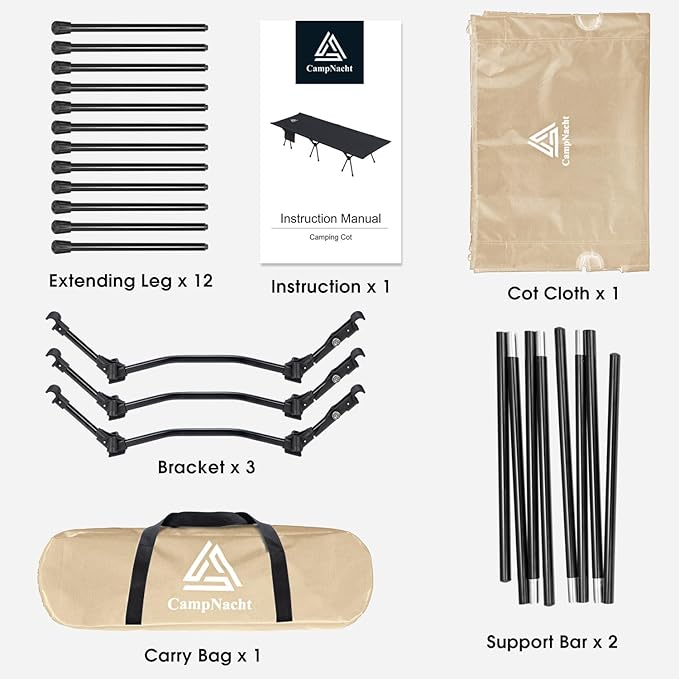 CAMPNACHT Ultralight Camping Cot with Leg Extenders, Aluminum Lightweight Folding Cot for Adults, Portable Backpacking Compact Tent Cot for Outdoor, Hiking, 1 Pack with 2 Use Modes, Khaki