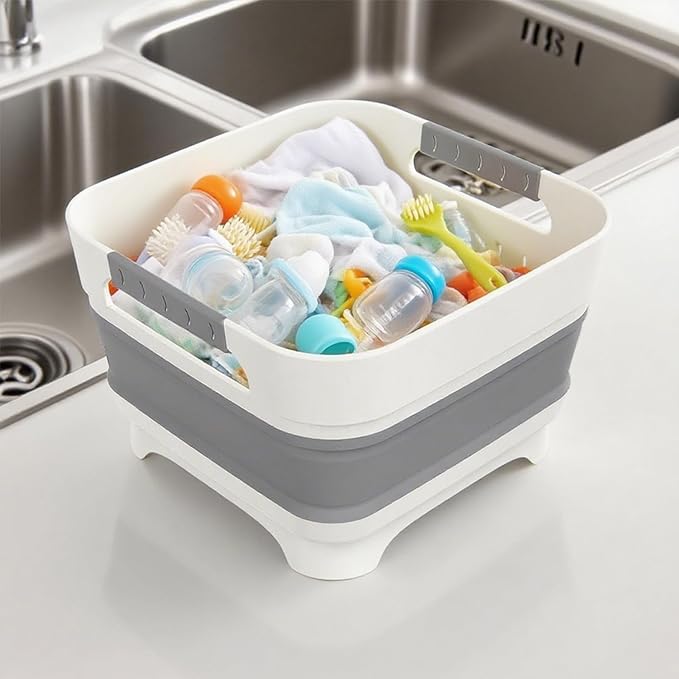 2.4 Gal (9L) Collapsible Dish Basin with 2 Drainage Plugs - Foldable Sink for Kitchen, Camping, RV | Space-Saving Multifunctional Wash Basin for Veggies, Dishes