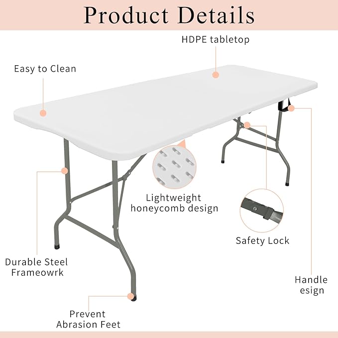Set of 2 Folding Tables with Carrying Handle Heavy Duty Rectangular Portable Plastic Camping Table Steel Legs for Party, Dining, Wedding, Events, Picnic Indoor, Outdoor (8FT, White)