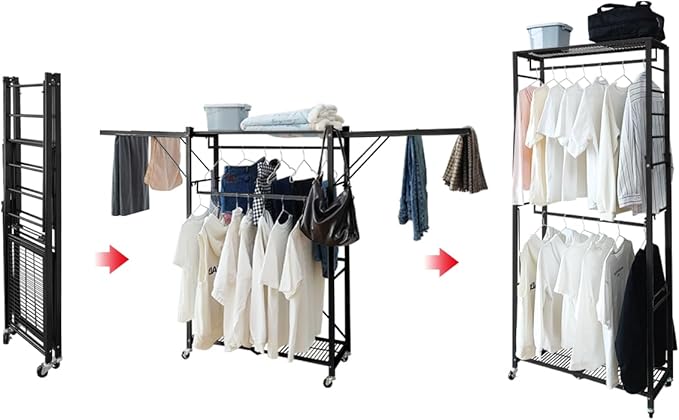 lumizone Folding Clothing Rack with Wheels Expandable Wardrobe Portable Clothes Rack for Hanging Clothes Adjustable Closet Shelves Garment Rack Durable Closet Racks for Hanging Clothes (Pro Black)