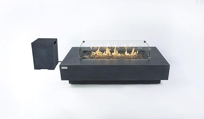 Elementi+ | Bundle Positano Gas Fire Pit Cast Concrete 60" Rectangular Fire Table, Outdoor Fire Pit Electronic Ignition | Canvas Cover, Fire Glass and Burner Lid Included | Dark Gray | Propane Gas