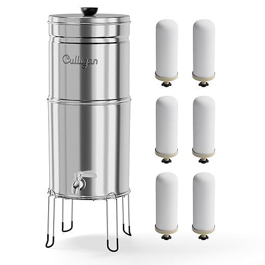 Culligan with MaxClear Technology 3 Gallon Gravity Water Filter System, Polished Countertop Ceramic Water Filter Dispenser NSF/ANSI Certified to Reduce Lead, Microplastics & Total PFAS, with 6 Filters