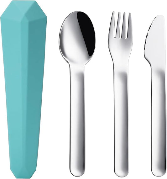 DEVICO Travel Utensils with Case, Reusable Camping Silverware Cutlery, 18/8 Stainless Steel Portable Fork Spoon Knife Set for Lunch Picnic School Workplace (Teal)