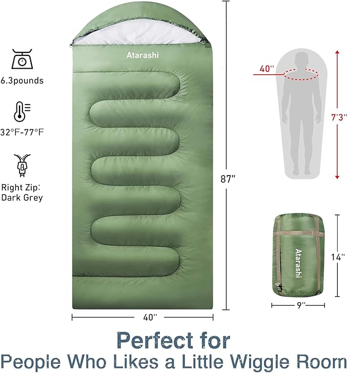 Atarashi Camping Sleeping Bag- 4 Seasons for Adults, Light, Warm, Extra-Large with Compression Sack- Great for Hiking, Backpacking & Outdoor Adventures