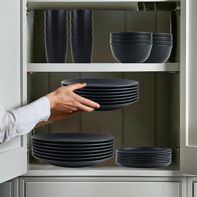 Wheat Straw Dinnerware Set of 40 Pieces - 10" & 9" Plates, 6" Snack Plates, 26oz & 12oz Bowls & Cups - Unbreakable, Microwave & Dishwasher Safe - Black