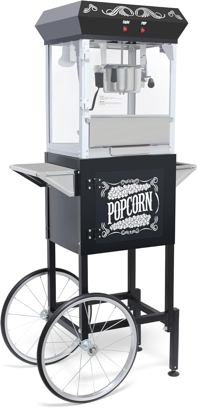 Popcorn Maker Machine - Professional Cart With 8 Oz Kettle Makes Up to 48 Cups, Stainless Steel Vintage Commercial Popcorn Machine Movie Theater Style (Black)