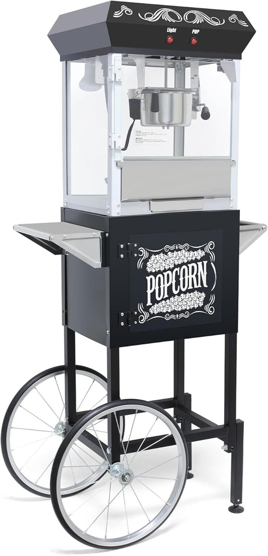 Popcorn Maker Machine - Professional Cart With 8 Oz Kettle Makes Up to 48 Cups, Stainless Steel Vintage Commercial Popcorn Machine Movie Theater Style (Black)