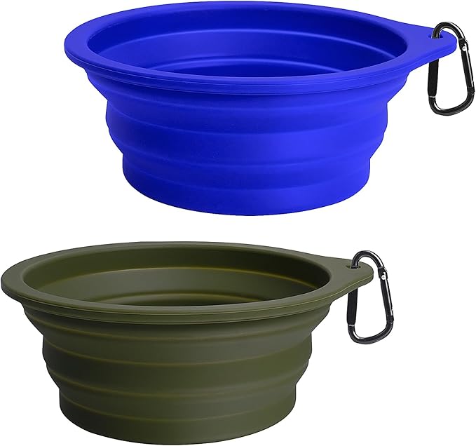 PetBonus 2-Pack Silicone Collapsible Dog Bowls, BPA Free Dishwasher Safe, Portable Foldable Expandable Travel Bowl, Food Water Feeding Cup Dish for Dogs Cats with 2 Carabiners (Army Green, Blue)