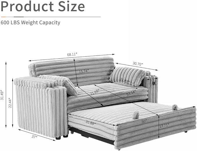 68" Corduroy Convertible Sofa Bed with USB, Storage Armrests & Pillows – 3-in-1 Foldable Sleeper Chair Floor Couch for Living Room, Bedroom, Guest Room (ZY-1109-Light Gray)