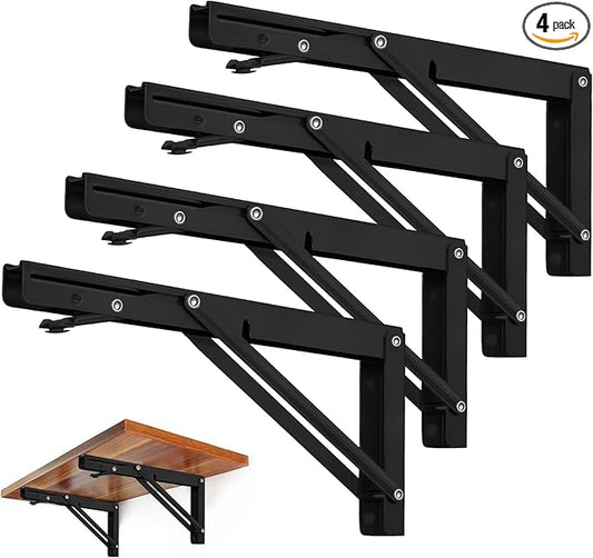 Storystore Folding Shelf Brackets - 8 Inch Heavy Duty Metal Collapsible Shelf Bracket for Bench Table, Shelf Hinge Wall Mounted Space Saving DIY Bracket, Max Load: 150 lb (4 PCS, Black)