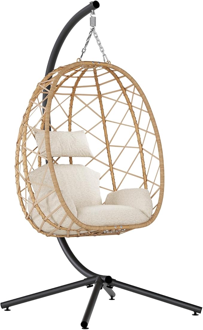 SWITTE Egg Swing Chair with Stand, Outdoor Patio Hanging Egg Chair, Indoor Hammock Chair with Cushion for Garden Backyard, 350LBS Capacity-Beige
