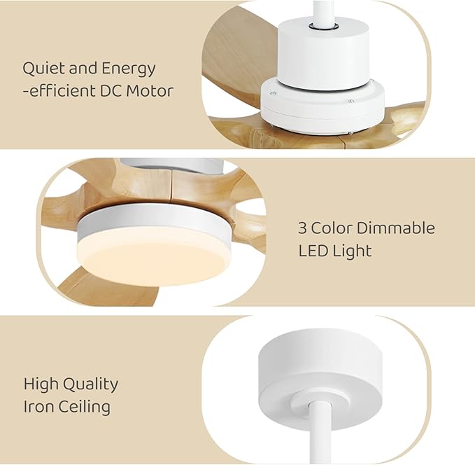 52" Ceiling Fan with Light and Remote,Reversible DC Motor,6Speed,Modern Natural Wood Ceiling Fan with Dimmable LED for Outdoor Patios Bedroom Living Room,Original Walnut and White