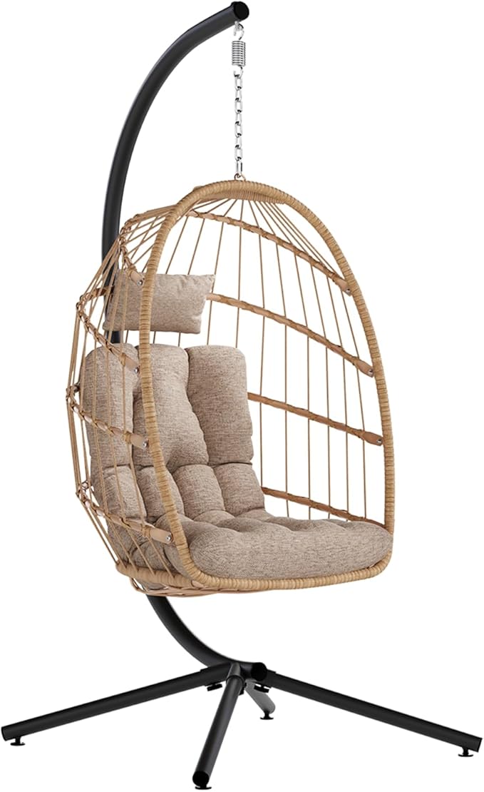 SWITTE Egg Chair Outdoor with Stand, Indoor Wicker Hanging Egg Swing Chair with Cushion, 350lbs Capacity for Patio, Bedroom, Garden - Cream