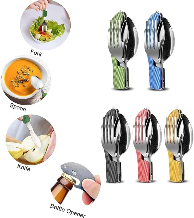 4-in-1 Portable Foldable Utensil Set Compact Knife Fork Spoon Bottle Opener Kit Stainless Steel Utensils for Camping Hiking Travel (Red + Green)