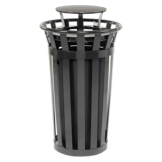 Global Industrial 24 Gallon Heavy-Duty Outdoor Metal Slatted Round Trash Receptacle with Rain Bonnet Lid, Powder Coat Finish, 23" Diameter x 41-3/4"H, Black