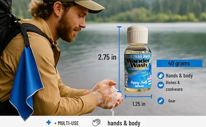 Elite Trail Magic- Wander Wash Biodegradable Castile Soap – Ultralight 1 oz Concentrated Liquid Soap for Camping, Travel & Backpacking – All Purpose, Unscented, Made in USA