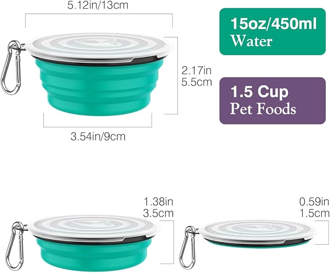 Pawaboo Collapsible Dog Bowls 2 Pack, Silicone Feeding Watering Bowls with Lids & Carabiners for Dogs Cats, Portable Collapsable Water Feeder Food Bowl for Walking Traveling Home Use, VioletTurquoise