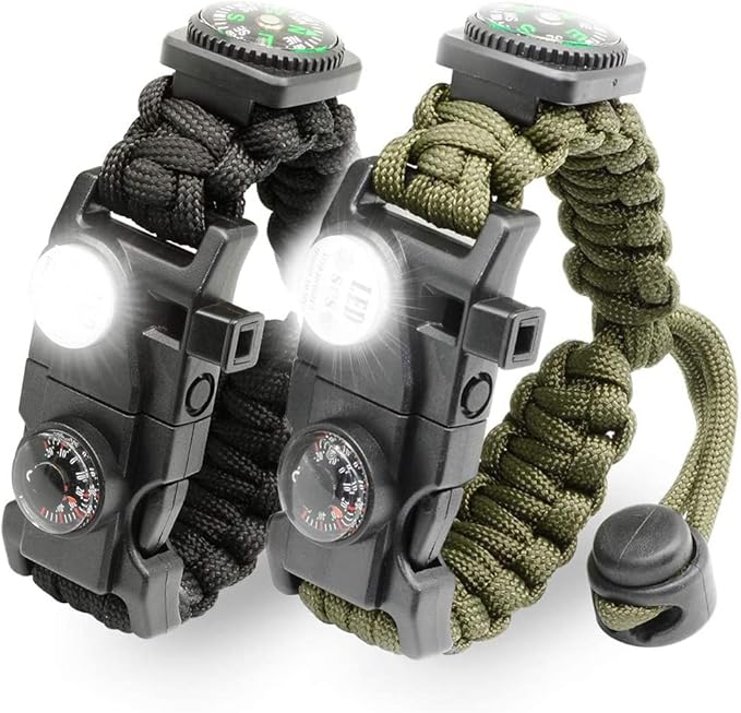 20 in 1 Survival Paracord Bracelet Adjustable Gear Kit with SOS LED Light, Fire Starter, Bigger Compass, Survival Whistle, Perfect for Camping, Hiking, Fishing