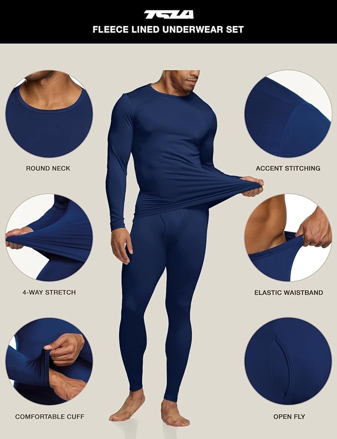 TSLA Men's Thermal Underwear Set, Microfiber Soft Fleece Lined Long Johns, Winter Warm Base Layer Top & Bottom
