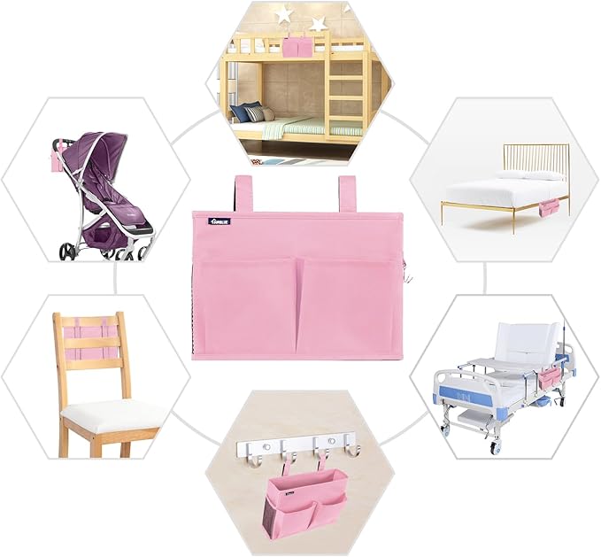 Surblue Caddy Hanging Organizer Bedside Storage Bag for Bunk and Hospital Beds, Pink, Small