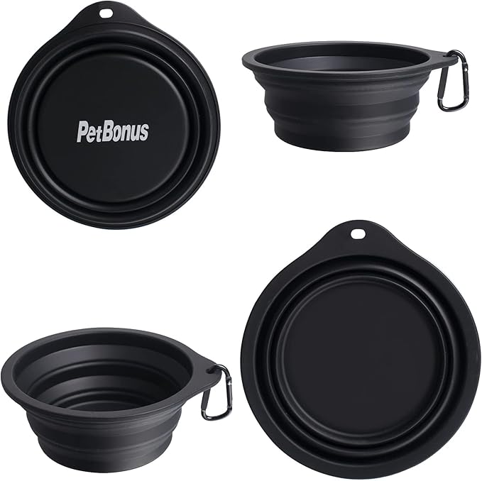 PetBonus 2-Pack Large Silicone Collapsible Dog Bowls, 34oz/1000ml BPA Free Portable Foldable Travel Bowl for Pet Cat, Food Water Feeding Dish for Camping with 2 Carabiners (Black, Black)
