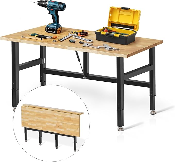 48” Folding Workbench, 2000 LBS Capacity Heavy Duty Workbench, Height Adjustable Foldable Work Table, Rubberwood Collapsible Desk for Workshop, Garage, Office, Home