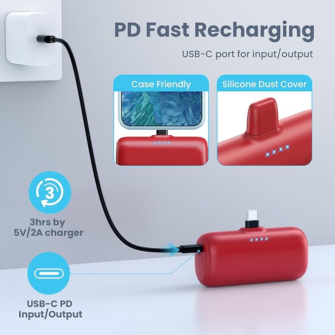 Mini Portable Charger for iPhone 16/15 Series,5200mAh 3A PD USB C Fast Charging Power Bank, Ultra-Compact Cell Phone Battery Pack for iPhone 16/16Plus/15/15Plus/15Pro Max,Samsung,Android,Moto,iPad-Red