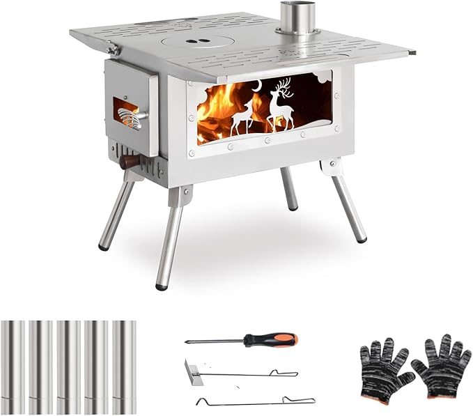 Outdoor Camping Tent Stove Portable Camping Stove Stainless Steel Stove With Chimney Pipe for Outdoor Cooking Camping BBQ Accessories