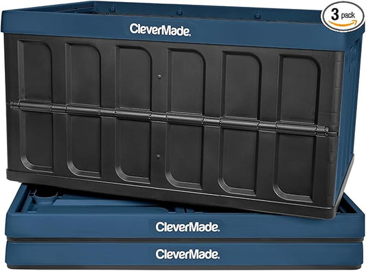 CleverMade Collapsible Storage Bins - Ocean 3 Pack 62L / 16 Gal holds 75 lbs - Stackable Containers Heavy Duty Capacity Crates Space-Saving